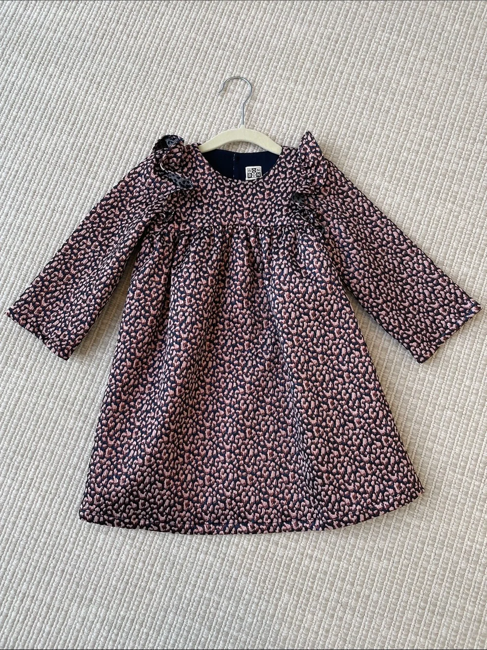 Bon Bon Girls' Pink and Black Patterned Long-Sleeve Dress